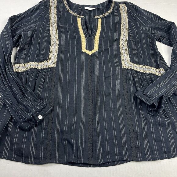 J.Jill Blouse Striped Embroidered Crochet Trim Shirt Long Sleeve V-Neck MEDIUM - Picture 2 of 10